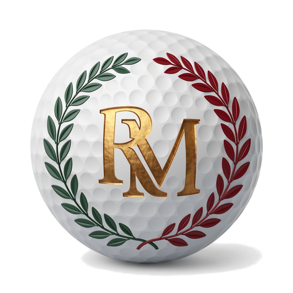 RossiMedori monogram: gold RM within a green and red laurel on a golf ball